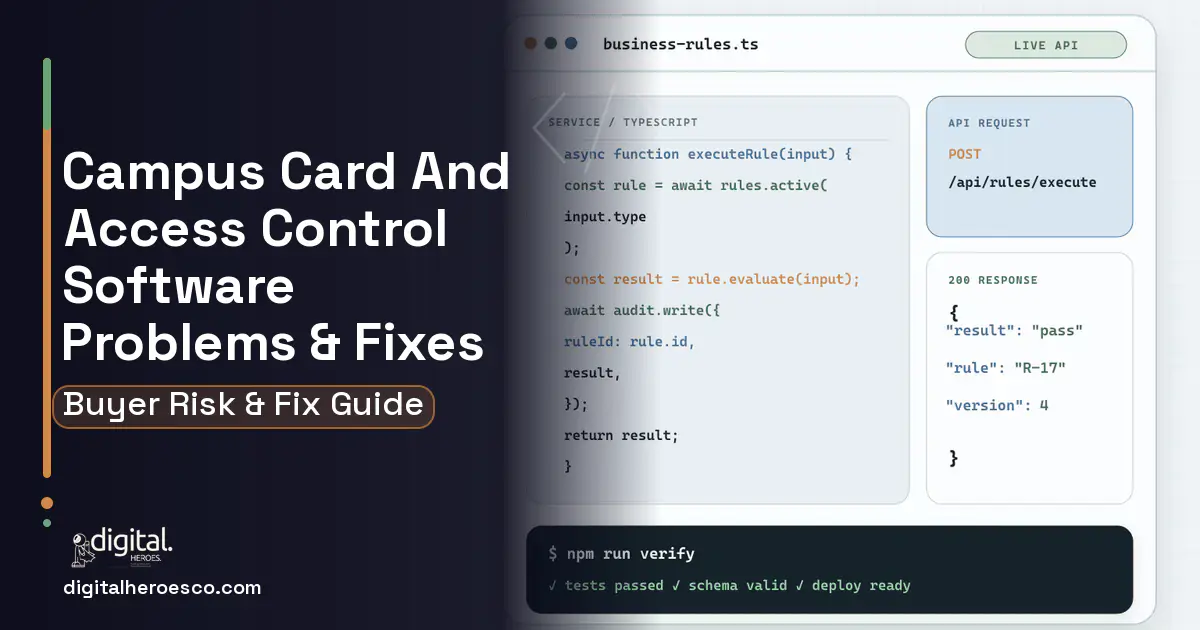 Campus Card AND Access Control Software code editor and API illustration showing common problems and fixes.