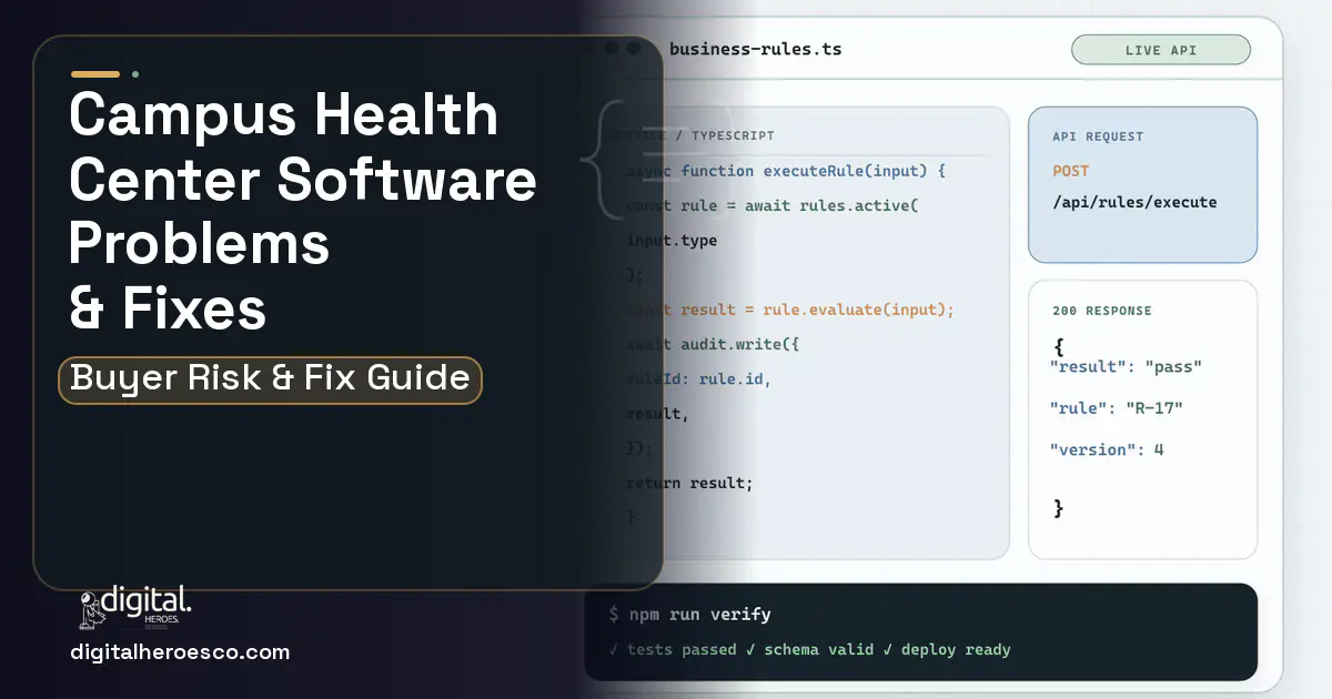 Campus Health Center Software code editor and API illustration showing common problems and fixes.