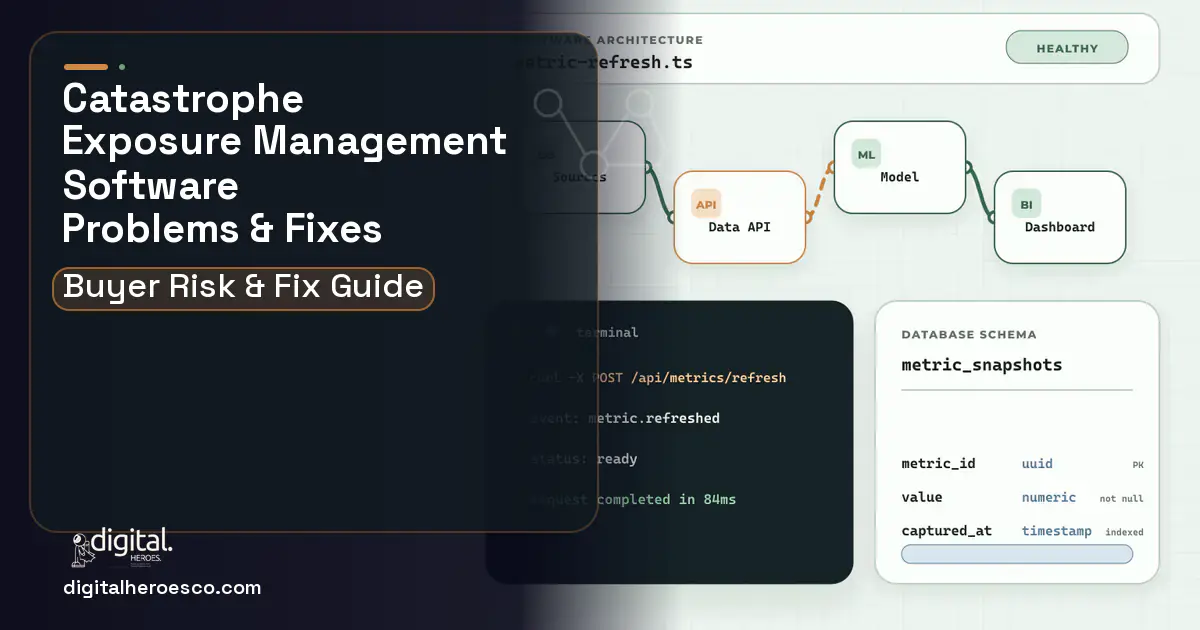 Catastrophe Exposure Management Software architecture and database illustration showing common problems and fixes.