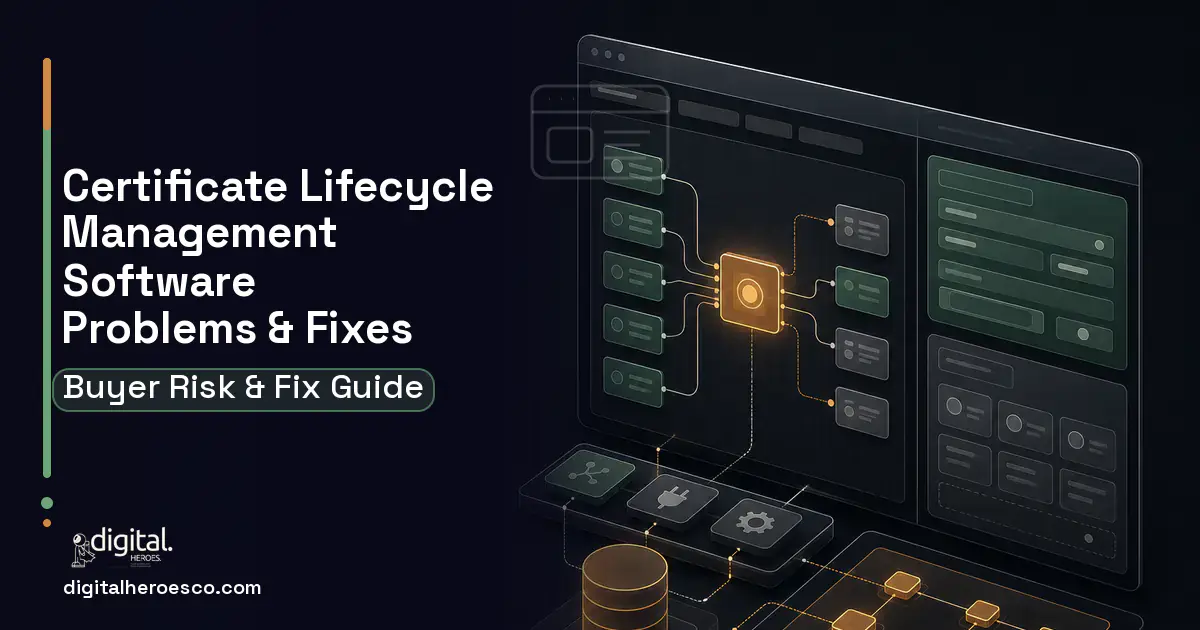 Certificate Lifecycle Management Software product interface illustration showing common problems and fixes.