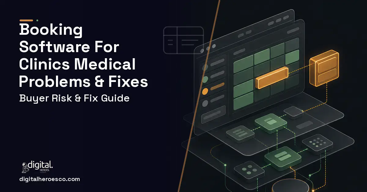 Booking Software FOR Clinics Medical product interface illustration showing common problems and fixes.
