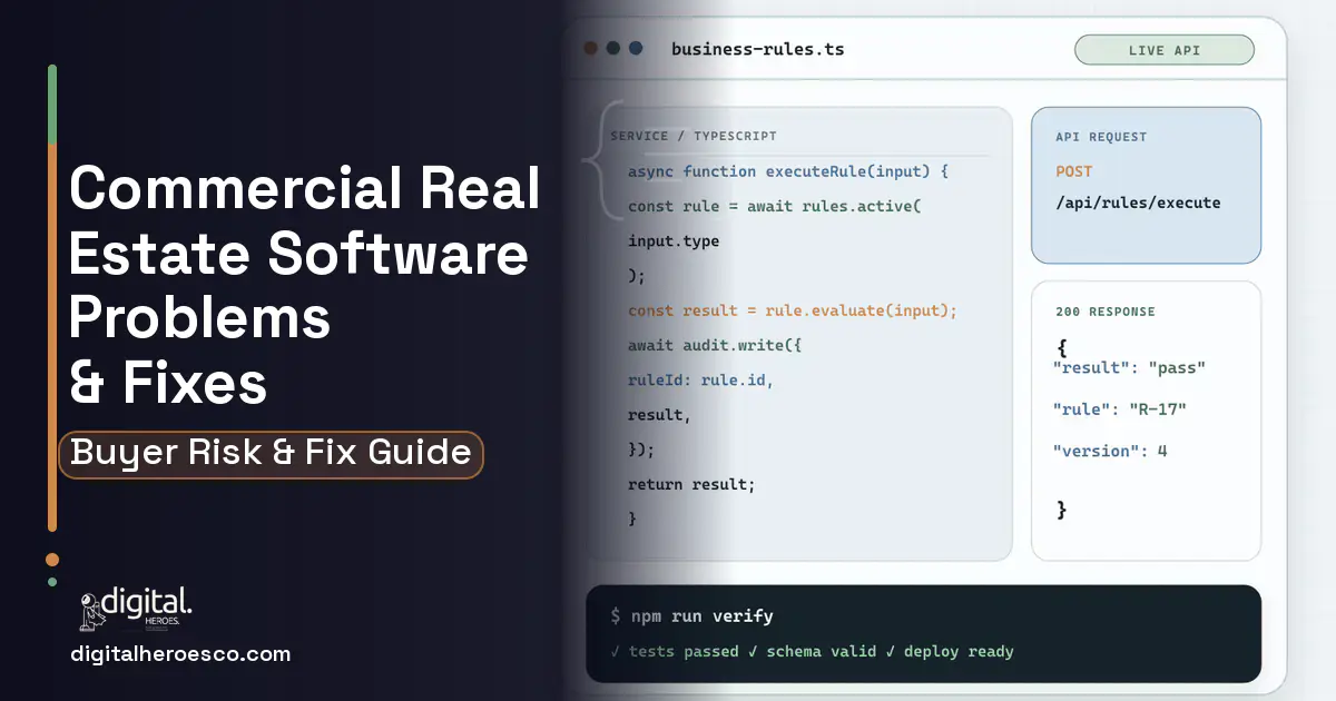 Commercial Real Estate Software code editor and API illustration showing common problems and fixes.