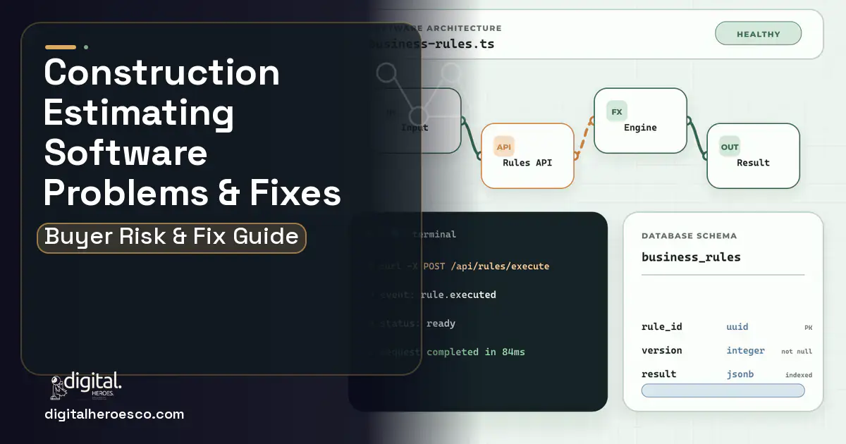 Construction Estimating Software architecture and database illustration showing common problems and fixes.