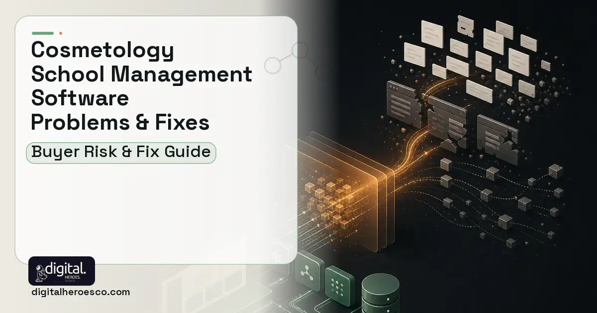 Cosmetology School Management Software workflow illustration showing common problems and fixes.