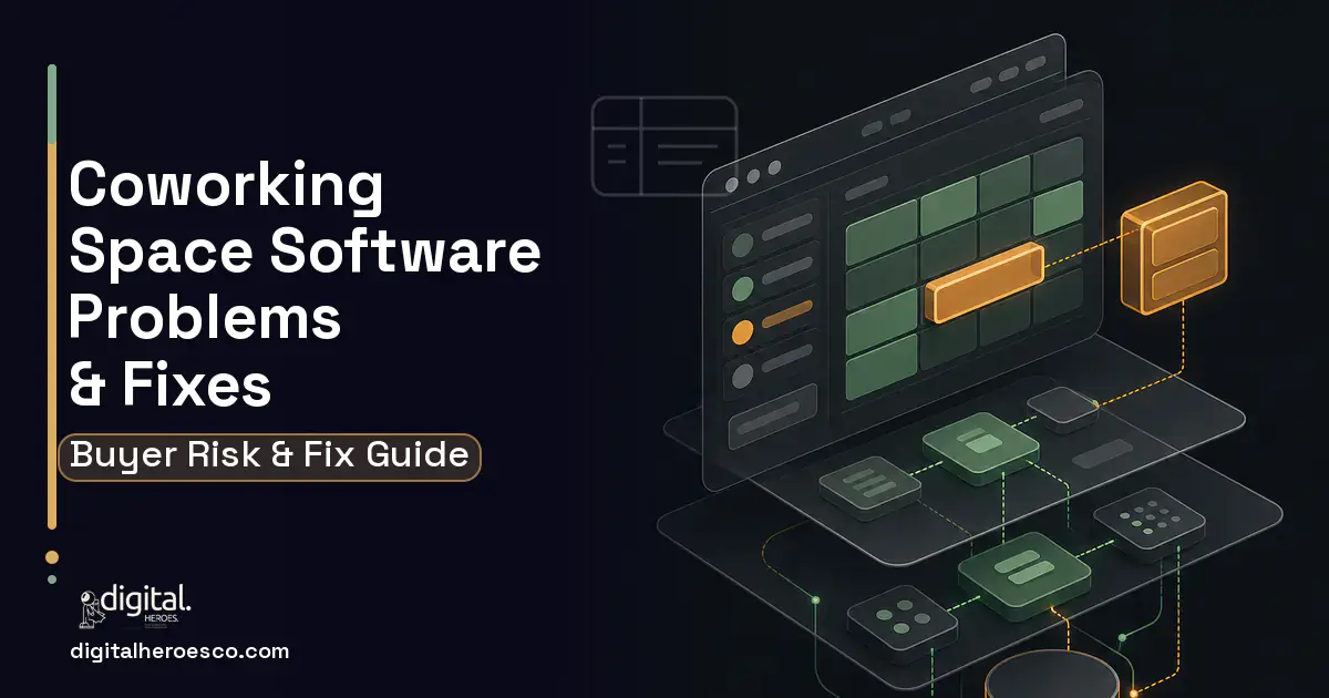 Coworking Space Software product interface illustration showing common problems and fixes.