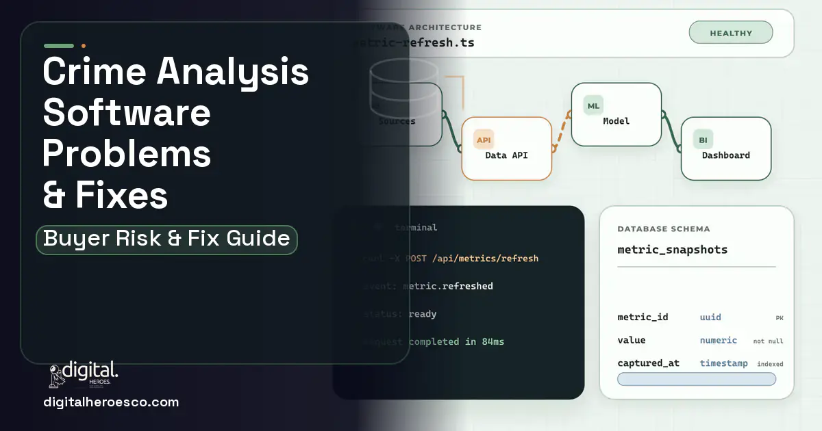 Crime Analysis Software architecture and database illustration showing common problems and fixes.