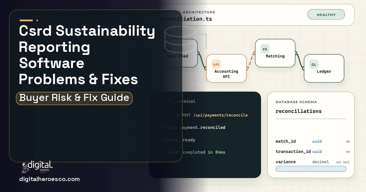 Csrd Sustainability Reporting Software architecture and database illustration showing common problems and fixes.