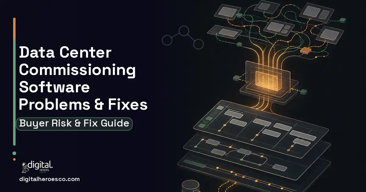 Data Center Commissioning Software workflow illustration showing common problems and fixes.