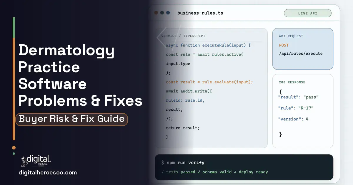 Dermatology Practice Software code editor and API illustration showing common problems and fixes.