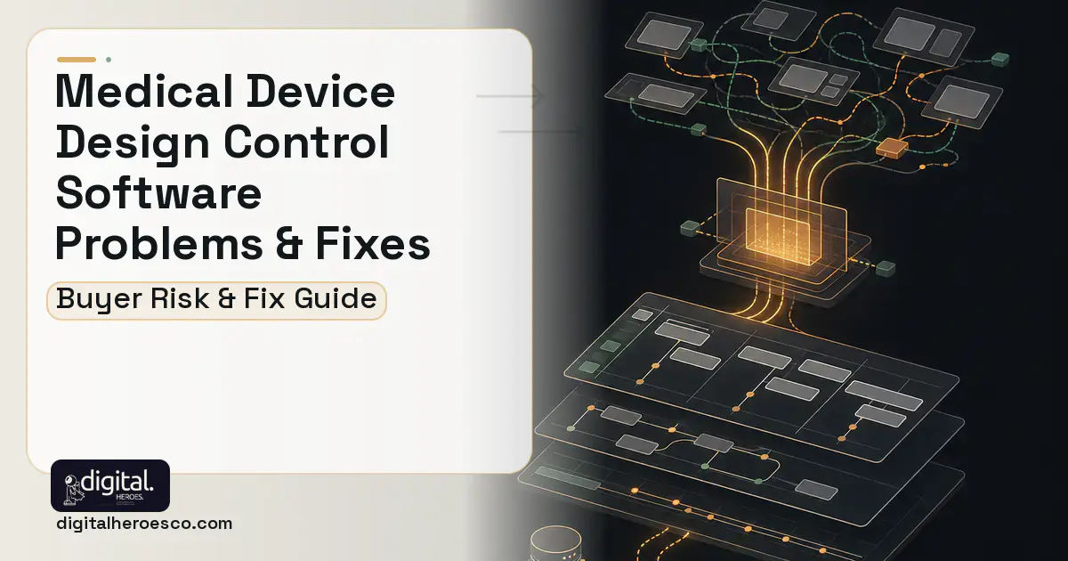 Medical Device Design Control Software workflow illustration showing common problems and fixes.