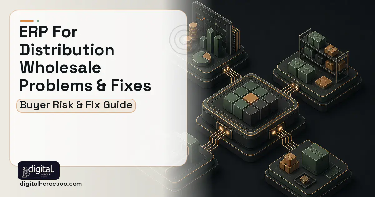 ERP FOR Distribution Wholesale software overview illustration showing common problems and fixes.