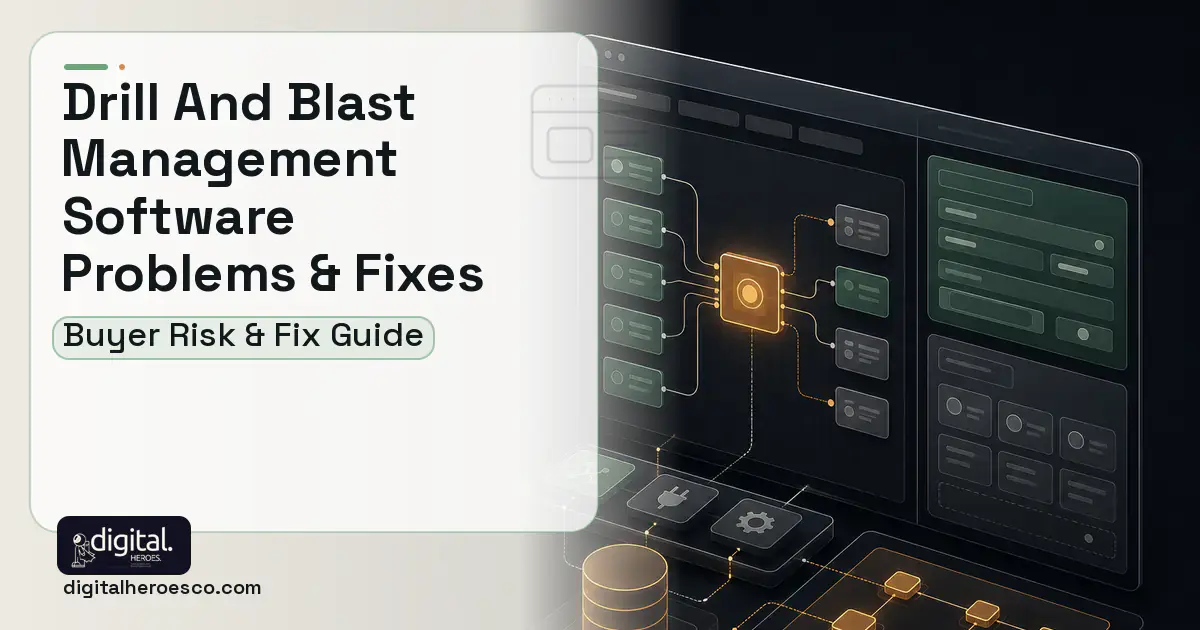 Drill AND Blast Management Software product interface illustration showing common problems and fixes.