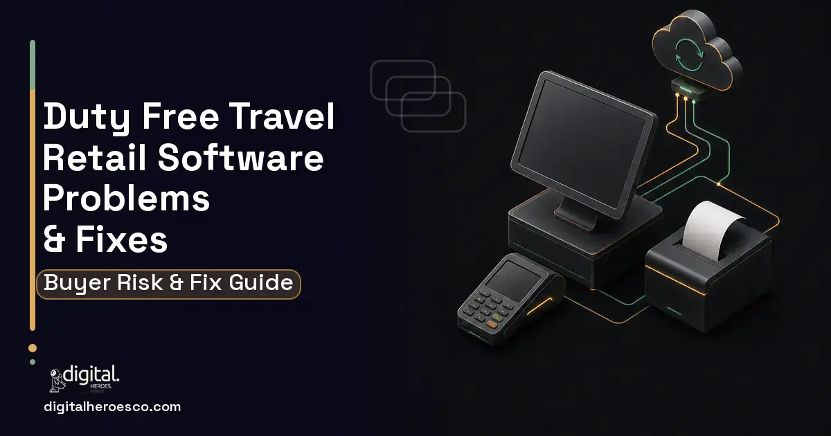 Duty Free Travel Retail Software software overview illustration showing common problems and fixes.