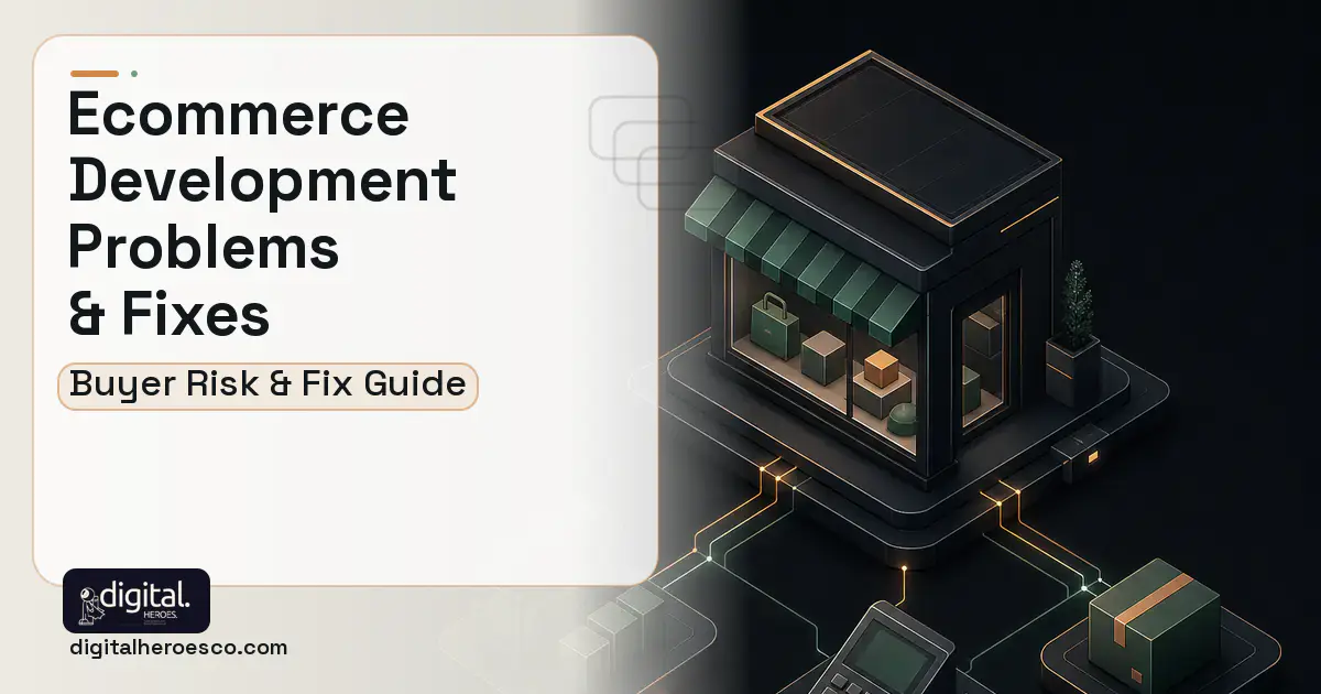 E-commerce Development software overview illustration showing common problems and fixes.