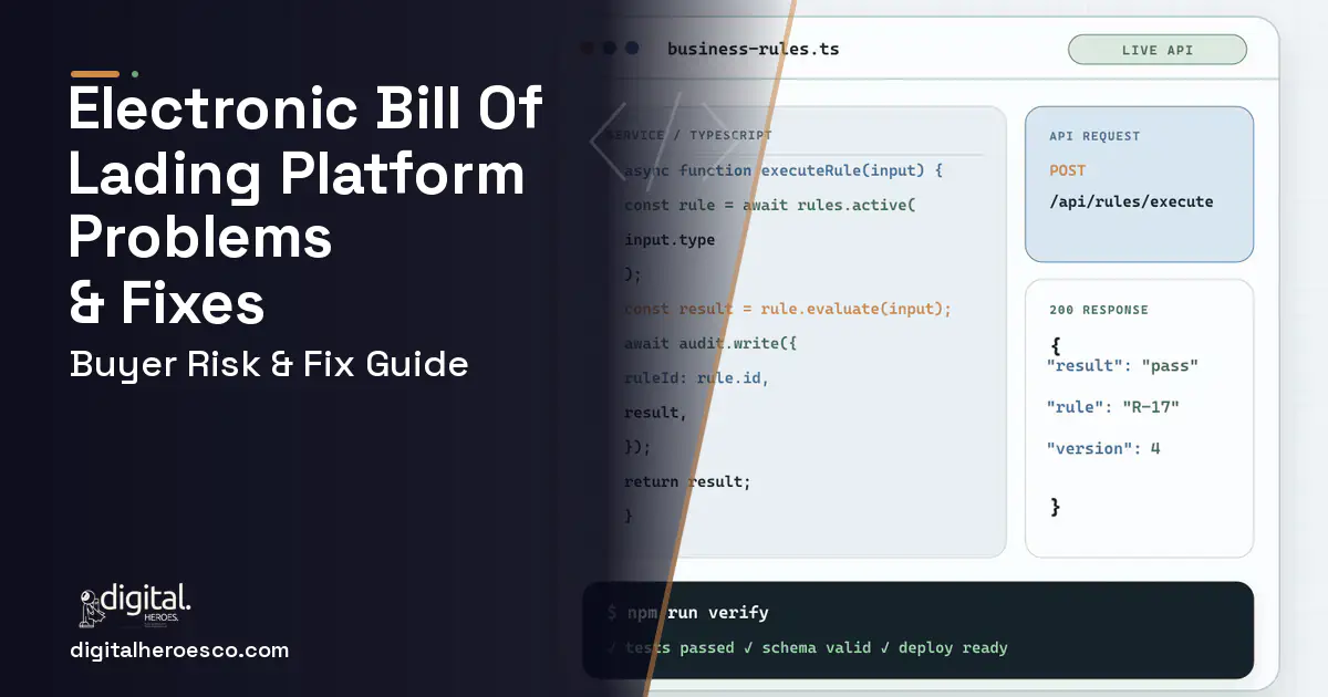Electronic Bill OF Lading Platform code editor and API illustration showing common problems and fixes.