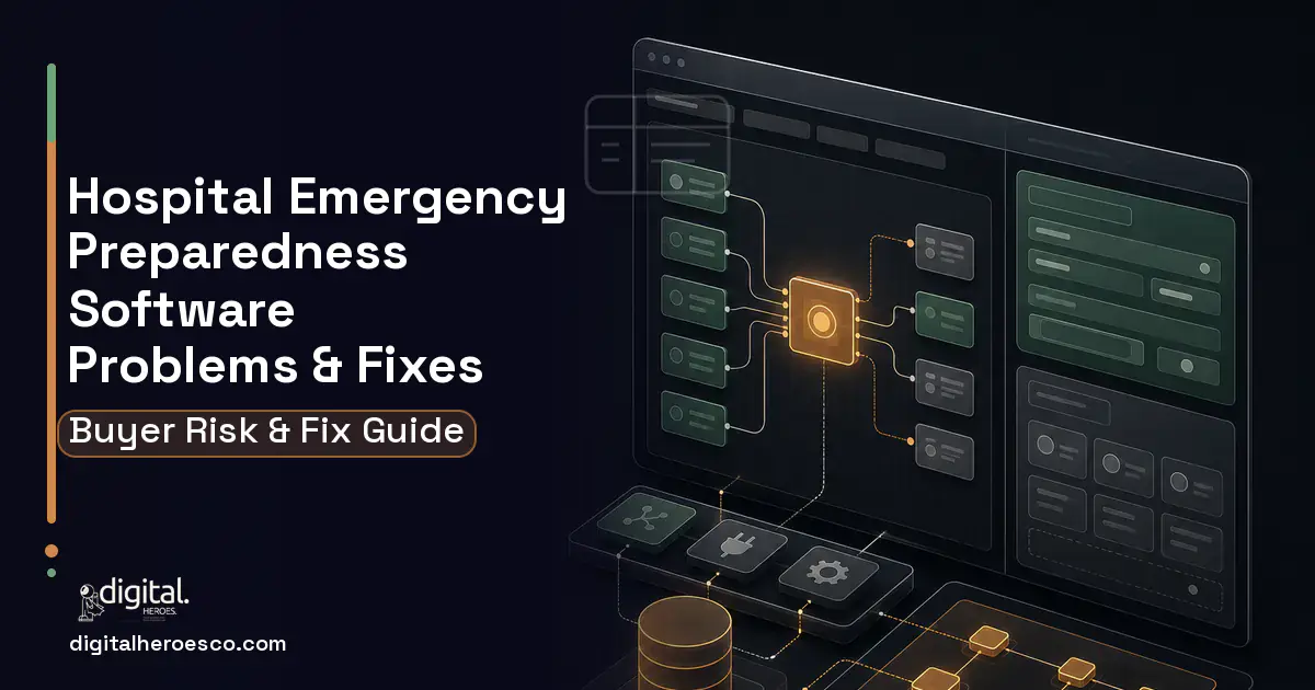 Hospital Emergency Preparedness Software product interface illustration showing common problems and fixes.