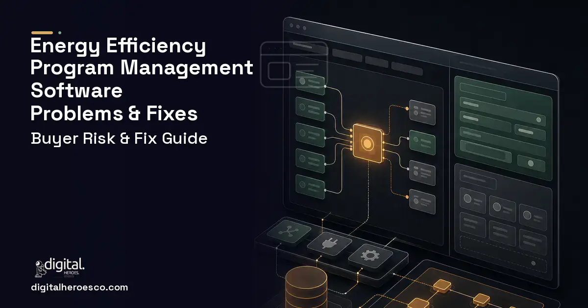 Energy Efficiency Program Management Software product interface illustration showing common problems and fixes.