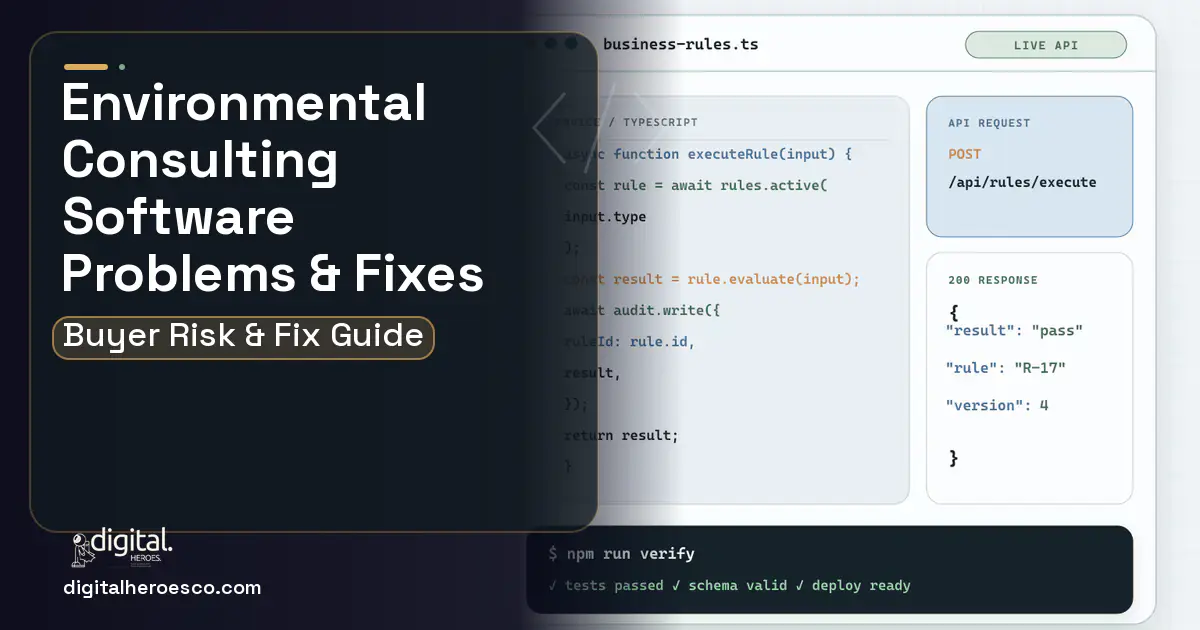 Environmental Consulting Software code editor and API illustration showing common problems and fixes.