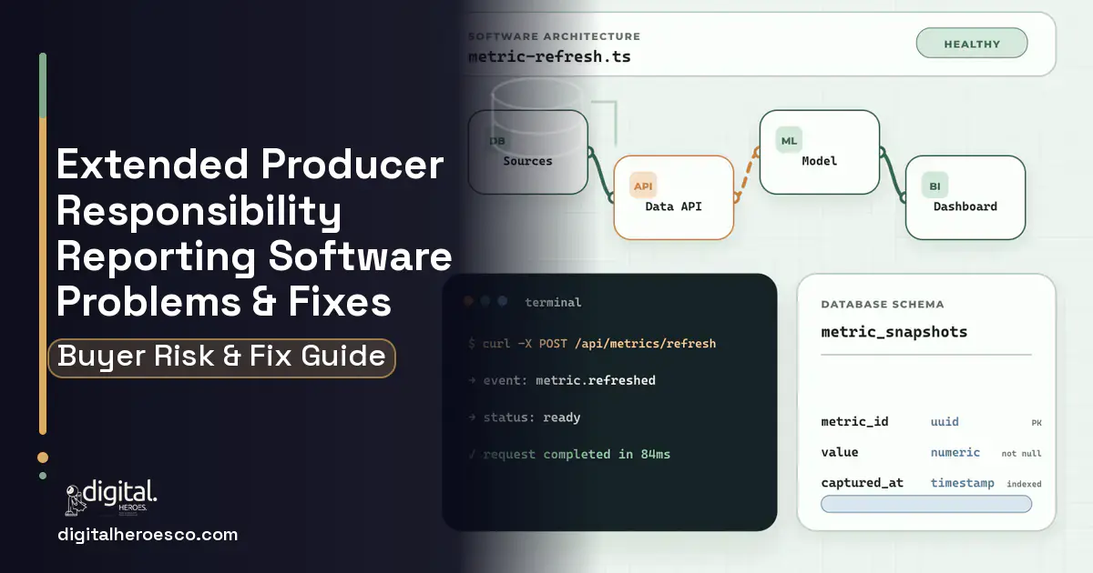 Extended Producer Responsibility Reporting architecture and database illustration showing common problems and fixes.