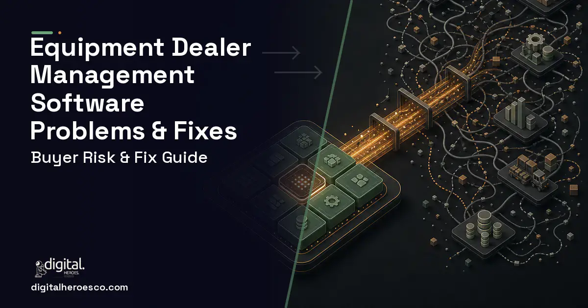 Equipment Dealer Management Software workflow illustration showing common problems and fixes.