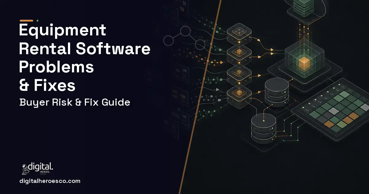 Equipment Rental Software workflow illustration showing common problems and fixes.
