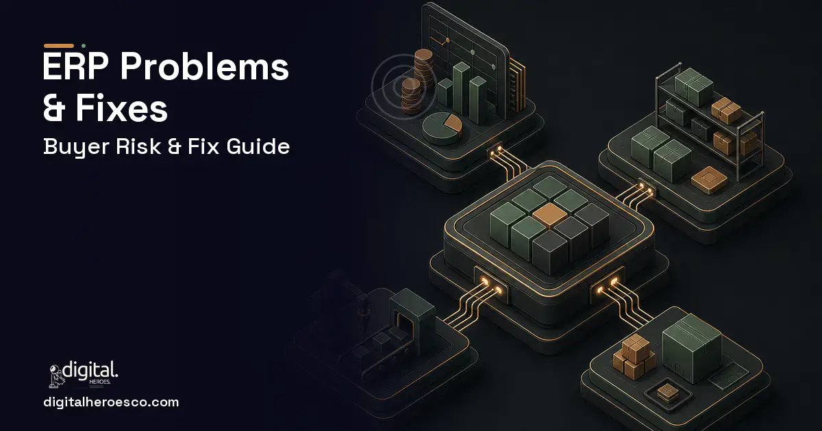 ERP software overview illustration showing common problems and fixes.