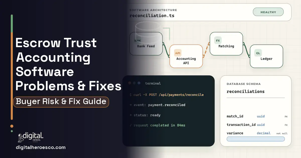 Escrow Trust Accounting Software architecture and database illustration showing common problems and fixes.
