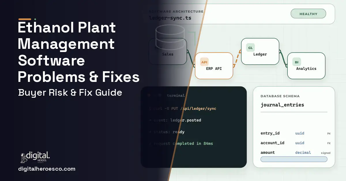 Ethanol Plant Management Software architecture and database illustration showing common problems and fixes.