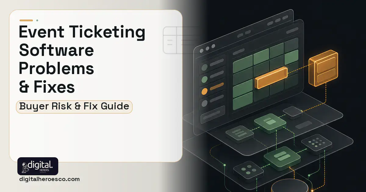 Event Ticketing Software product interface illustration showing common problems and fixes.