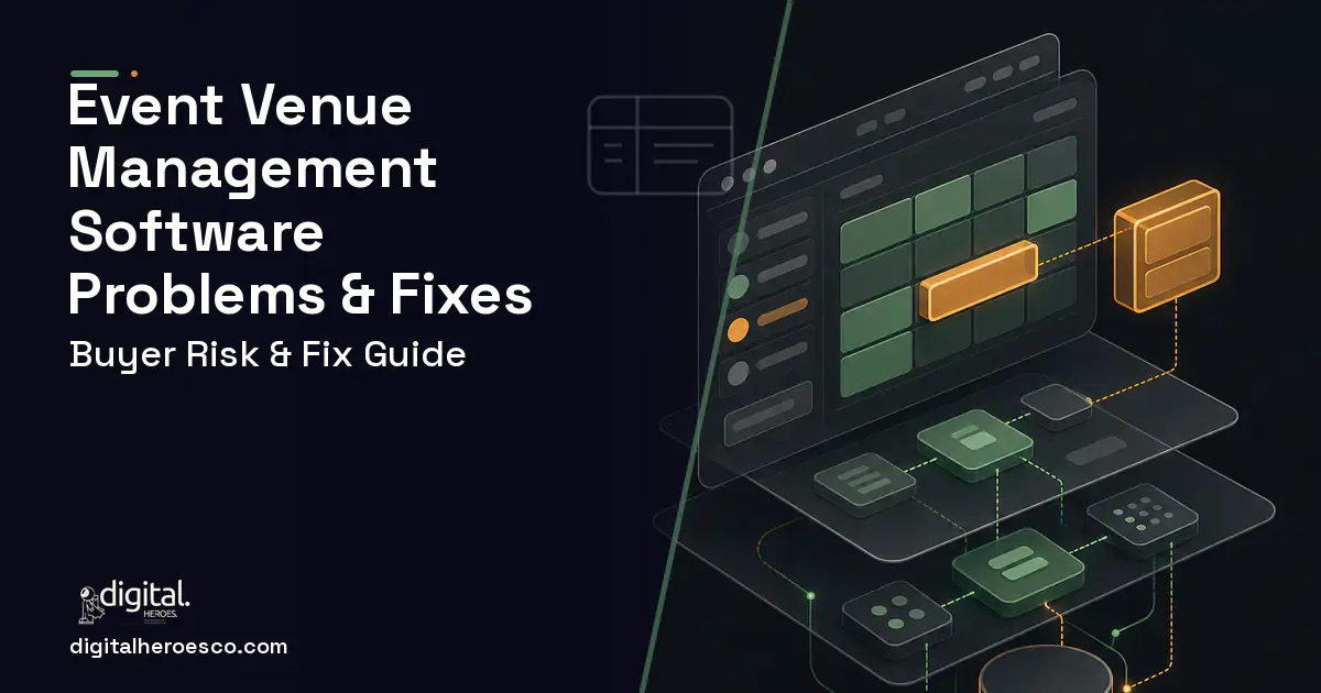 Event Venue Management Software product interface illustration showing common problems and fixes.