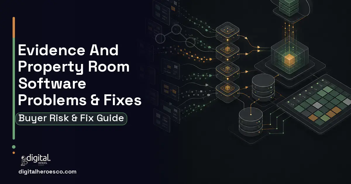 Evidence AND Property Room Software workflow illustration showing common problems and fixes.