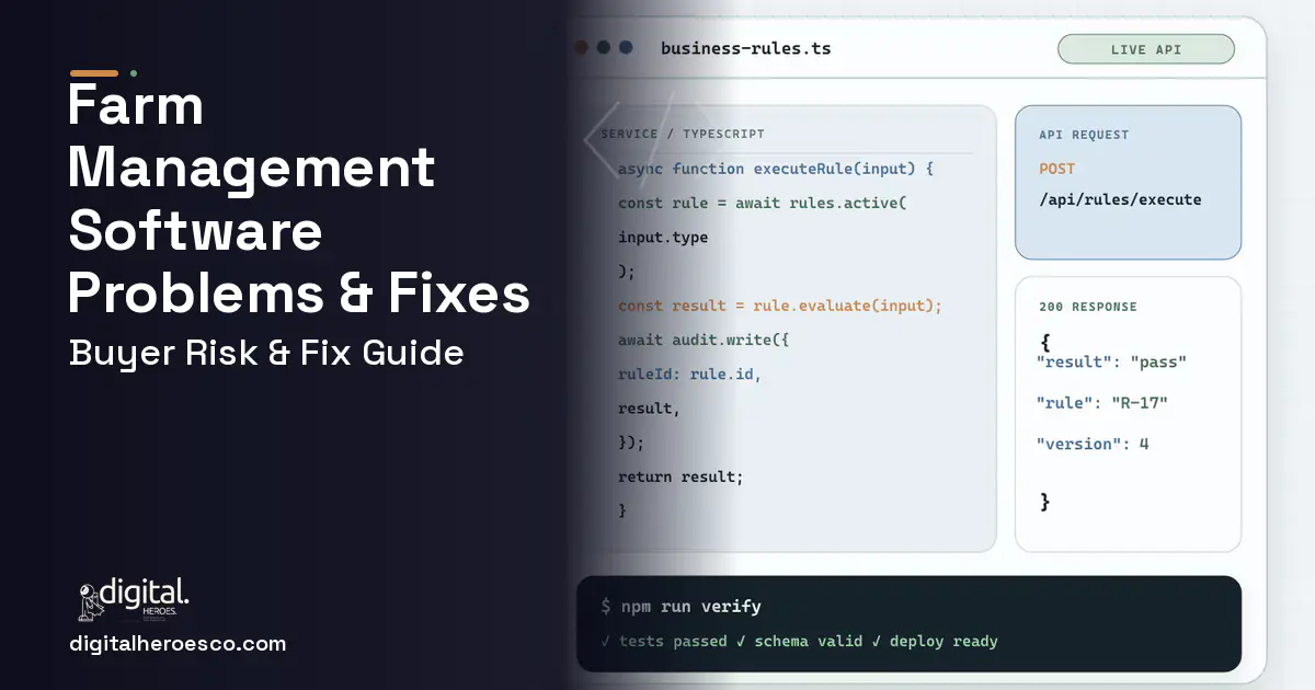 Farm Management Software code editor and API illustration showing common problems and fixes.