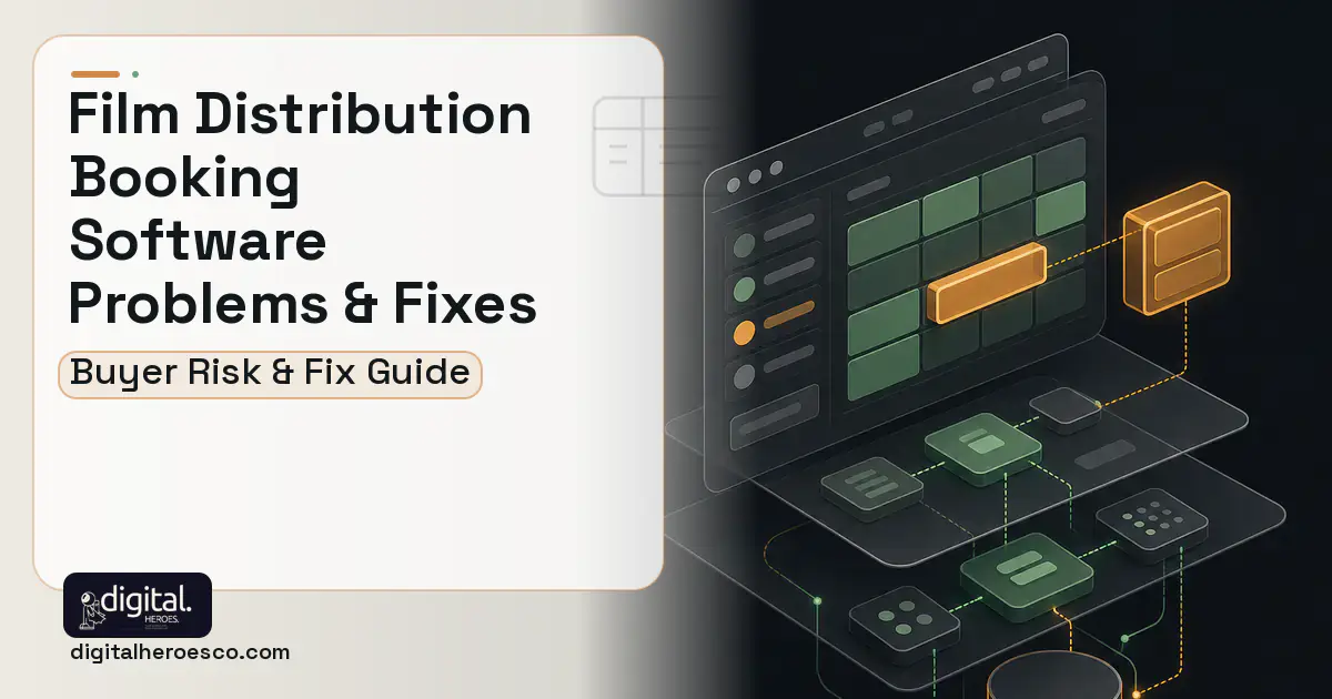 Film Distribution Booking Software product interface illustration showing common problems and fixes.