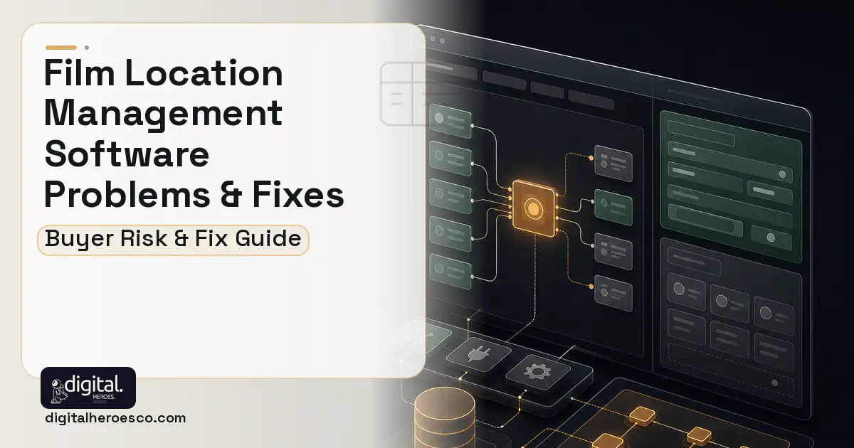 Film Location Management Software product interface illustration showing common problems and fixes.