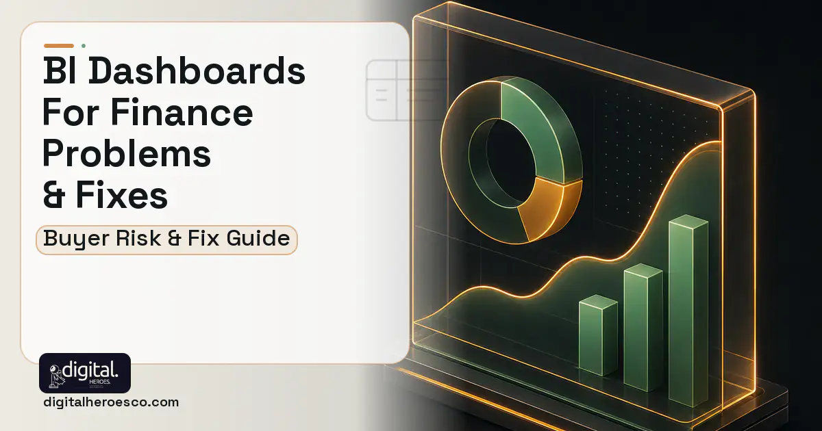 BI Dashboards FOR Finance product interface illustration showing common problems and fixes.