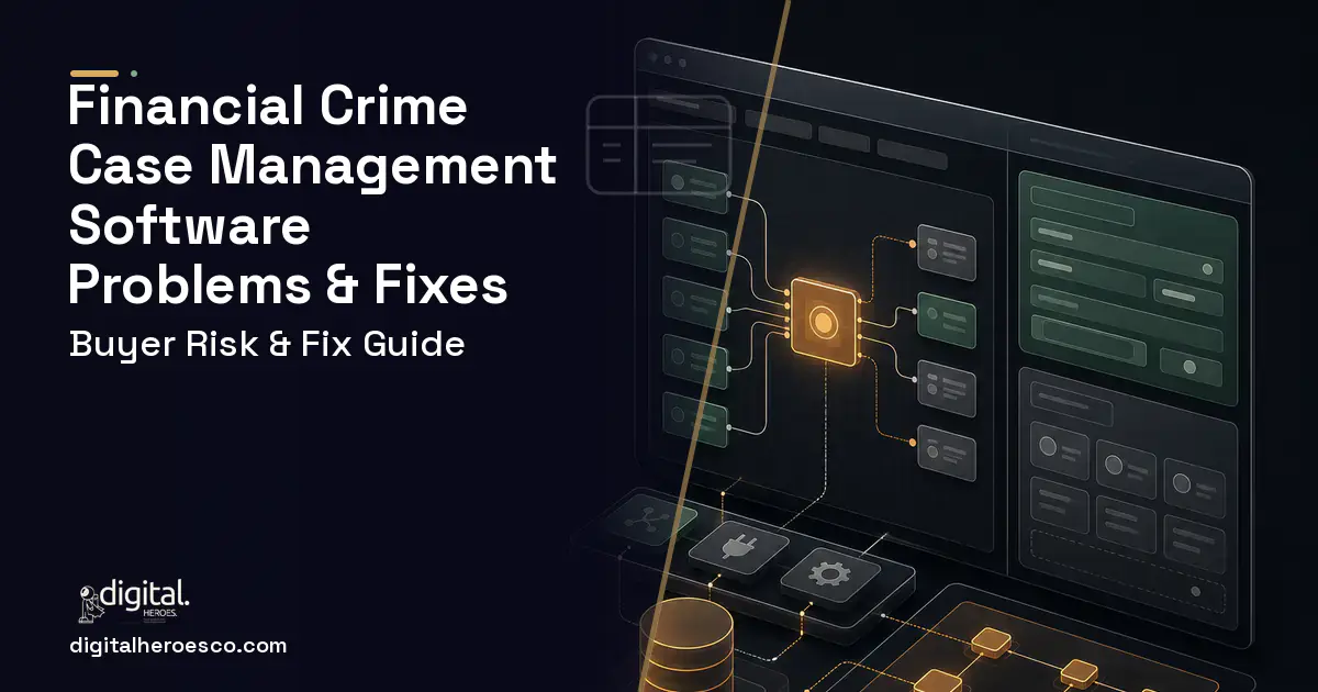 Financial Crime Case Management Software product interface illustration showing common problems and fixes.