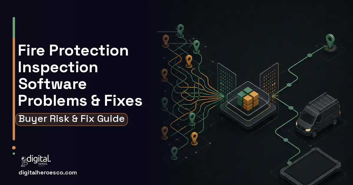Fire Protection Inspection Software workflow illustration showing common problems and fixes.