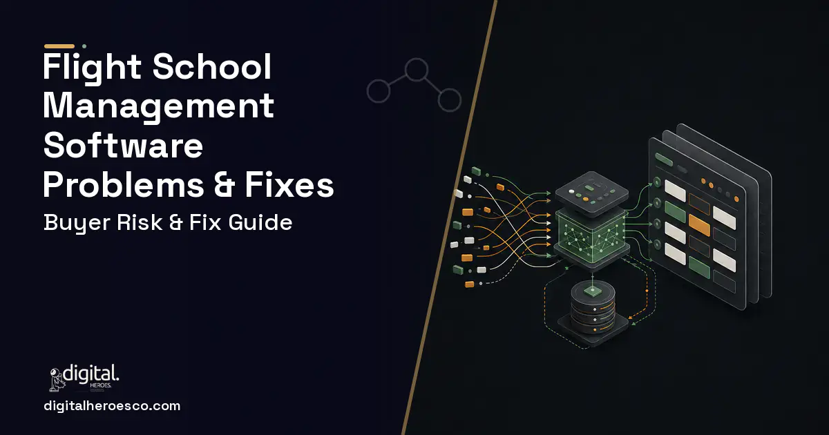 Flight School Management Software workflow illustration showing common problems and fixes.