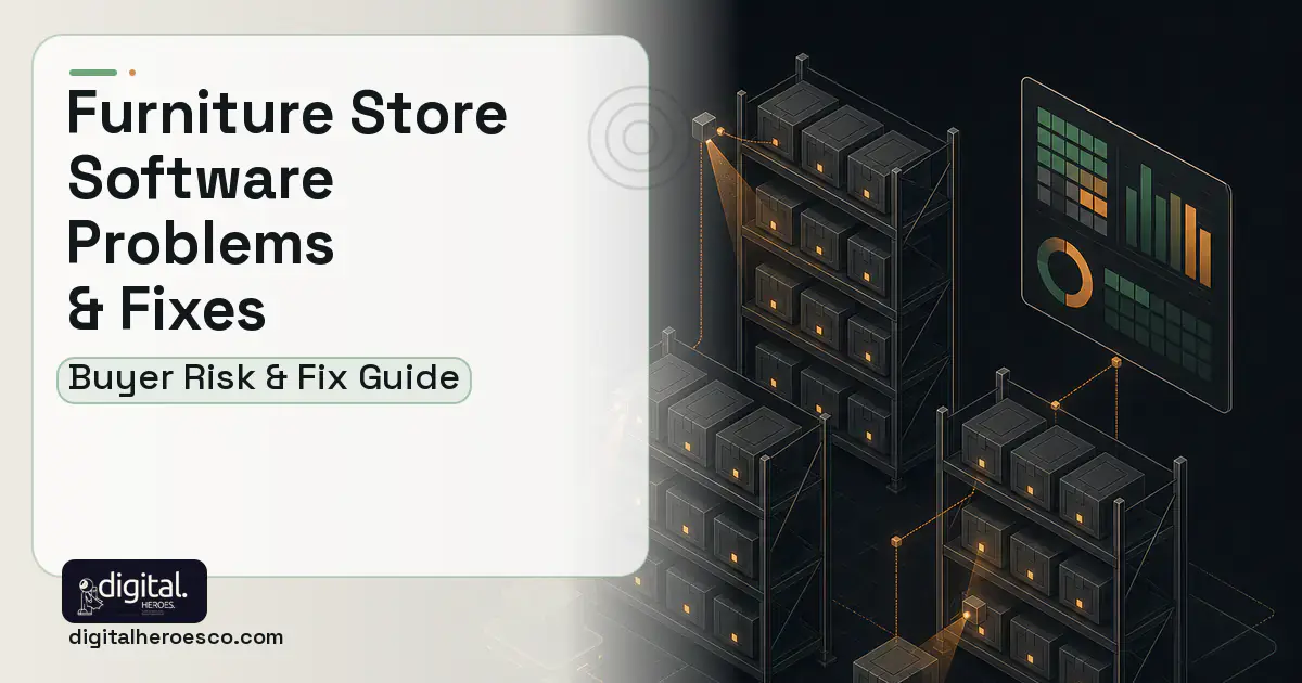 Furniture Store Software software overview illustration showing common problems and fixes.