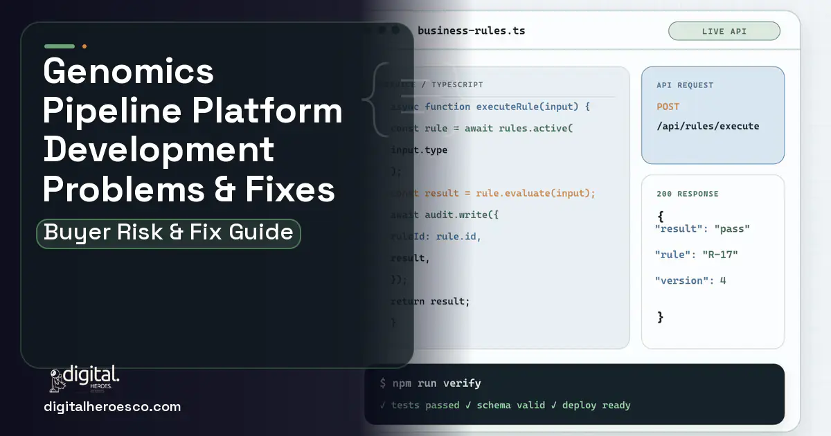 Genomics Pipeline Platform Development code editor and API illustration showing common problems and fixes.