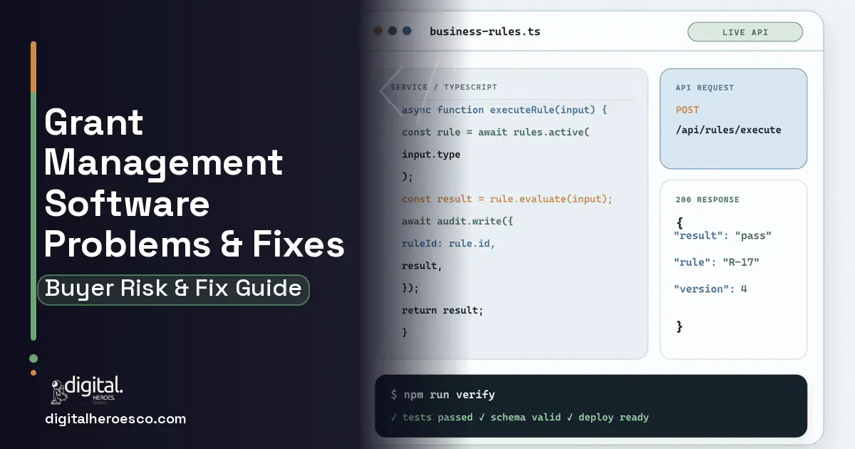 Grant Management Software code editor and API illustration showing common problems and fixes.