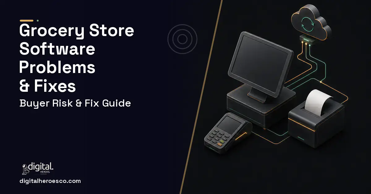 Grocery Store Software software overview illustration showing common problems and fixes.