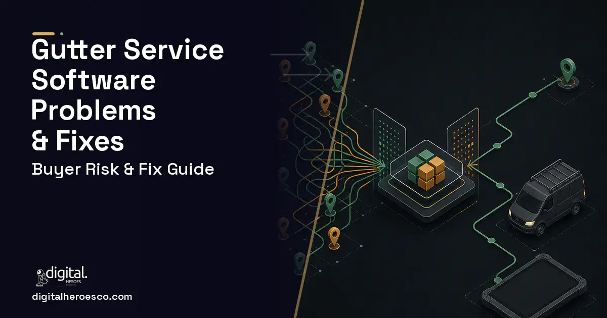 Gutter Service Software workflow illustration showing common problems and fixes.