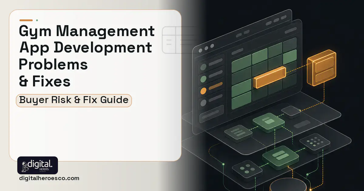 GYM Management App Development product interface illustration showing common problems and fixes.