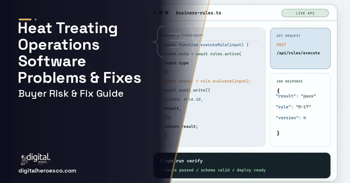 Heat Treating Operations Software code editor and API illustration showing common problems and fixes.