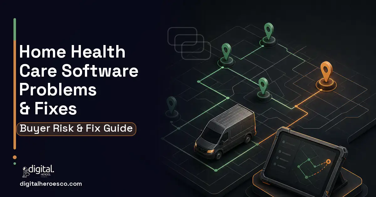 Home Health Care Software software overview illustration showing common problems and fixes.