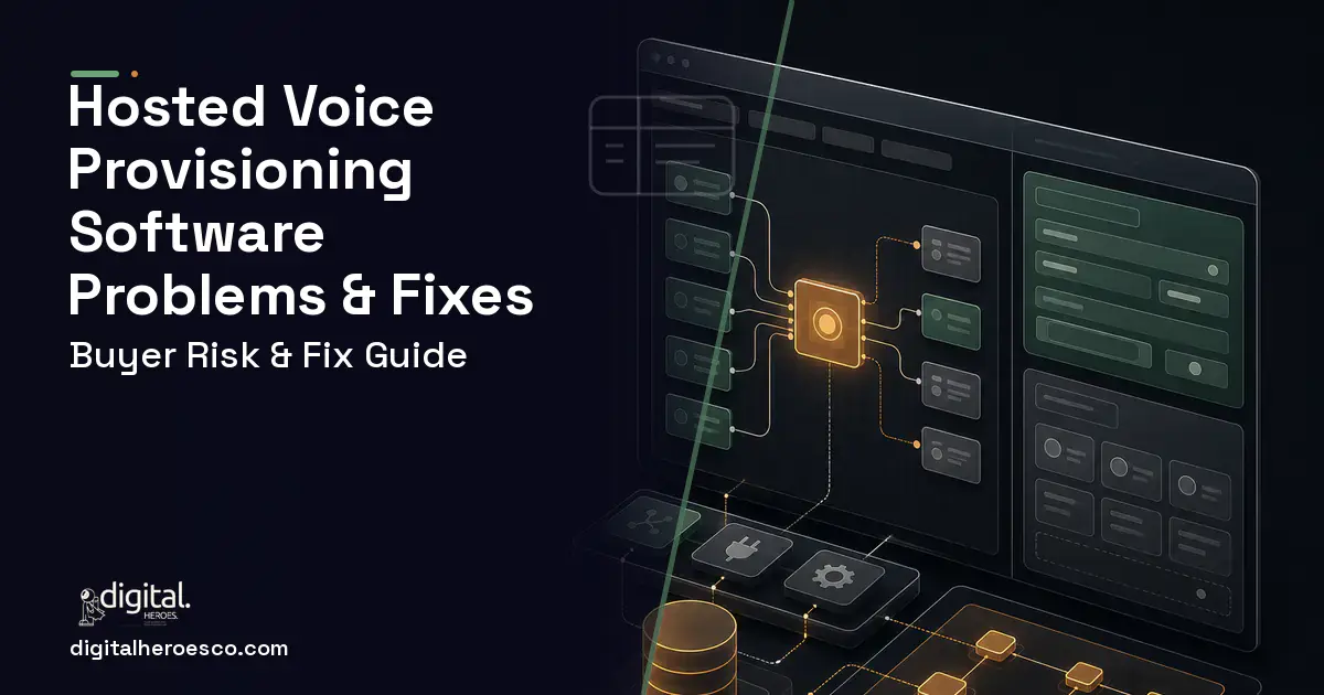 Hosted Voice Provisioning Software product interface illustration showing common problems and fixes.
