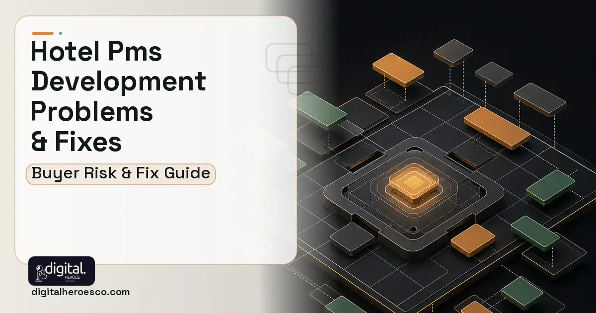 Hotel PMS Development software overview illustration showing common problems and fixes.