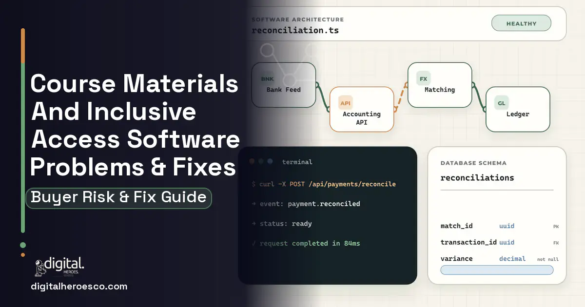 Course Materials AND Inclusive Access Software architecture and database illustration showing common problems and fixes.
