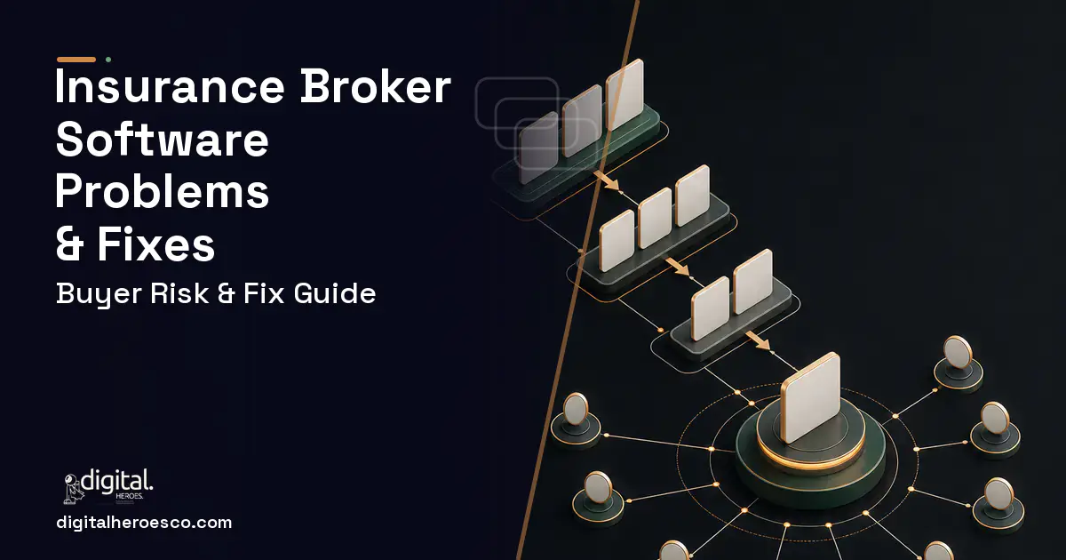 Insurance Broker Software software overview illustration showing common problems and fixes.